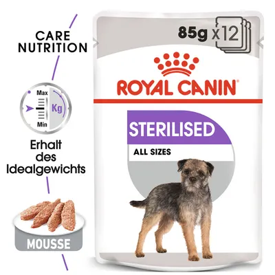 Royal Canin Sterilised All Sizes, 85g x 12. Mousse für Hunde, unterstützt den Erhalt des Idealgewichts. Care Nutrition mit Gewichtsskala von Min bis Max.