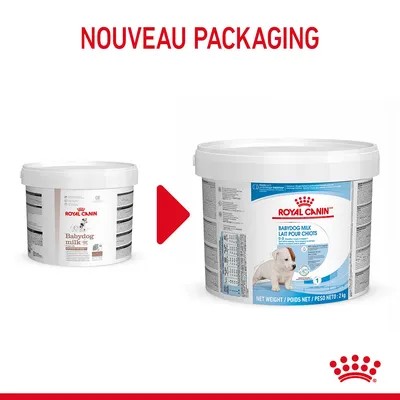 Royal Canin Babydog Milk Lait pour chiots, ancien et nouveau packaging montrés côte à côte, texte visible : 'NOUVEAU PACKAGING', poids net 2 kg sur le nouvel emballage.