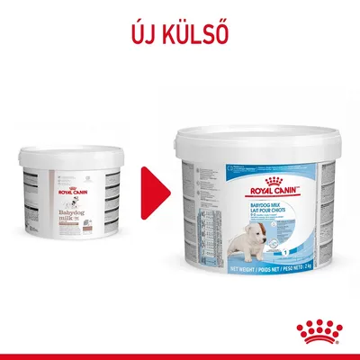 Royal Canin Babydog Milk kutyatápszer régi és új csomagolása, felül: Új külső. Balra a régi, jobbra az új vödör, mindkettőn márkanév és terméknév látható.