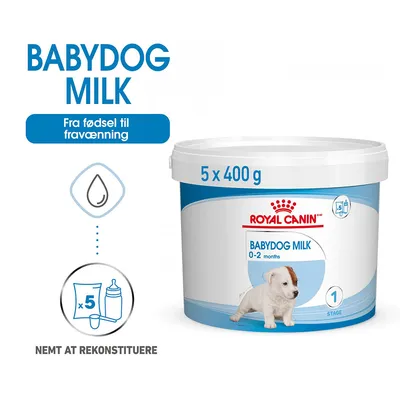 Royal Canin Babydog Milk 0–2 months, 5 x 400 g. Fra fødsel til fravænning. Nemt at rekonstituere. Billede af hvalp på emballagen.
