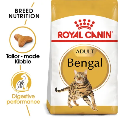 Breed nutrition food with tailor-made kibble and digestive performance features for adult Bengal, as shown on the packaging.