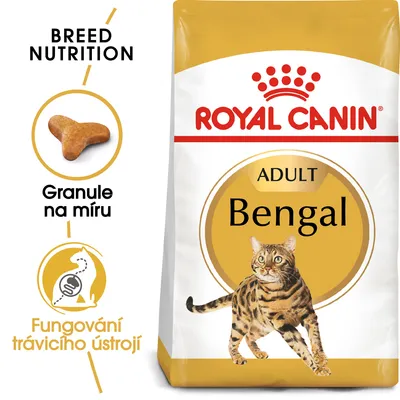 Balení Royal Canin Adult Bengal s obrázkem bengálské kočky, texty: Granule na míru, Fungování trávicího ústrojí, Breed Nutrition, a vyobrazením tvaru granule.