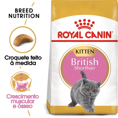 Royal Canin Kitten British Shorthair. Croquete feito à medida. Crescimento muscular e ósseo. Imagem de croquete e gato cinzento na embalagem.