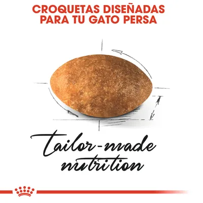 Croquetas diseñadas para tu gato persa. Texto en inglés: tailor-made nutrition. Imagen de una croqueta marrón sobre fondo blanco.