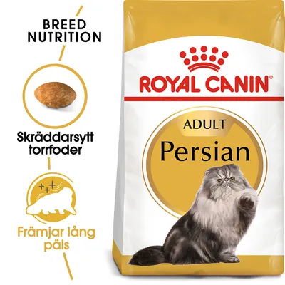 Royal Canin Adult Persian torrfoder, text: Skräddarsytt torrfoder, Främjar lång päls, bild på foderbit och perserkatt. Breed Nutrition syns upptill.