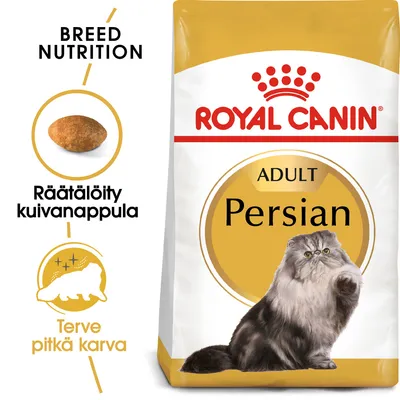 Royal Canin Adult Persian -kuivaruokapakkaus, persialaiskissan kuva, tekstit: räätälöity kuivanappula, terve pitkä karva, BREED NUTRITION.