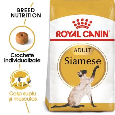 Pachet Royal Canin Adult Siamese, text vizibil: Crochete individualizate, Corp suplu și musculos, imagine croșetă și pisică siameză.