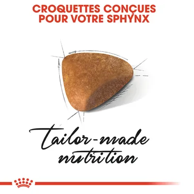 Croquettes conçues pour votre Sphynx. Texte en anglais : tailor-made nutrition. Image d'une croquette triangulaire.