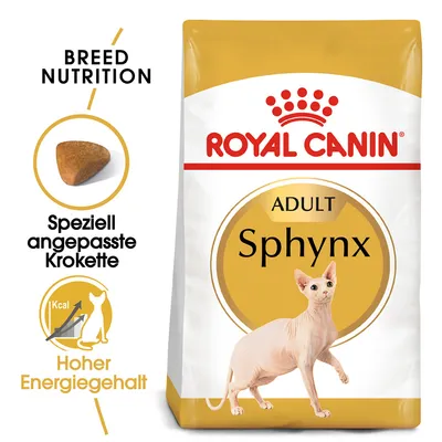 Royal Canin Adult Sphynx Katzenfutter mit speziell angepasster Krokette und hohem Energiegehalt. Breed Nutrition für Sphynx-Katzen.