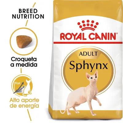 Royal Canin Adult Sphynx, croqueta a medida, alto aporte de energía. Imagen de pienso y gato Sphynx en el envase. Texto en inglés: Breed Nutrition.