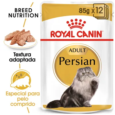 ROYAL CANIN ADULT Persian, 85 g x12. Textos visíveis: Breed Nutrition, Textura adaptada, Especial para pelo comprido. Imagem de comida húmida e gato persa no pacote.