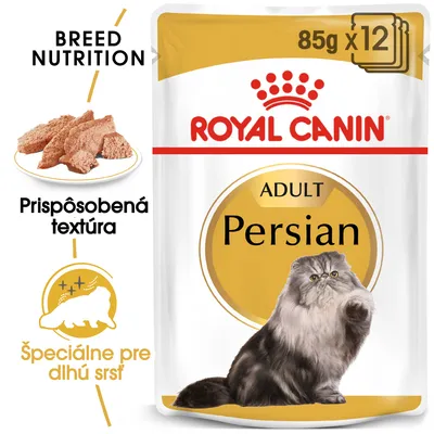 ROYAL CANIN ADULT Persian 85 g x 12, prispôsobená textúra, špeciálne pre dlhú srsť. Balenie s obrázkom perzskej mačky a kúskami krmiva na tanieri.