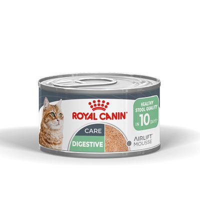 ROYAL CANIN CARE DIGESTIVE AIRLIFT MOUSSE, Terveet ulosteet 10 päivässä, Tölkki, jossa kissan kuva.