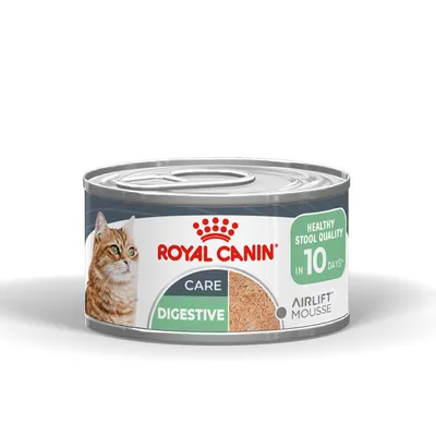 ROYAL CANIN CARE DIGESTIVE AIRLIFT MOUSSE, Terveet ulosteet 10 päivässä, Tölkki, jossa kissan kuva.