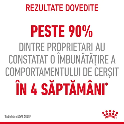 Rezultate dovedite: peste 90% dintre proprietari au constatat o îmbunătățire a comportamentului de cerșit în 4 săptămâni. *Studiu intern ROYAL CANIN.