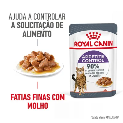 ROYAL CANIN Appetite Control para gatos, fatias finas com molho. Texto: Ajuda a controlar a solicitação de alimento. 90% dos donos relataram controlo em 4 semanas.
