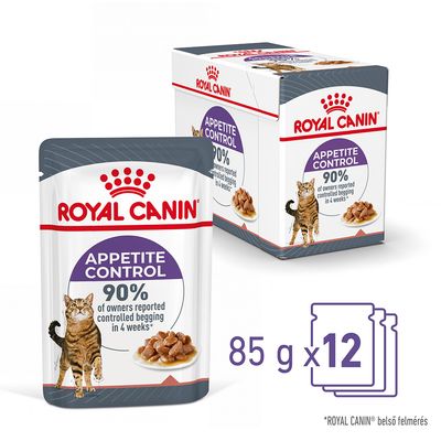 Royal Canin Appetite Control macskaeledel, 85 g x 12 tasak, csomagoláson: 90% of owners reported controlled begging in 4 weeks*; macskás illusztráció. *ROYAL CANIN belső felmérés
