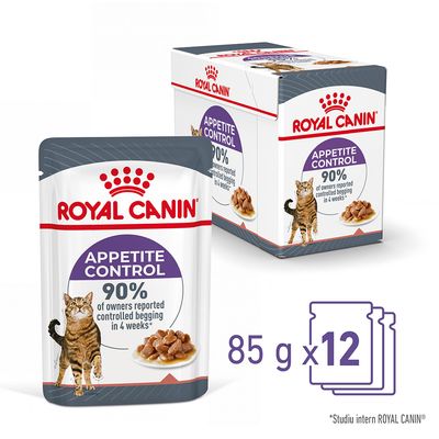ROYAL CANIN Appetite Control, 85 g x 12. Text vizibil: 90% of owners reported controlled begging in 4 weeks*. Imagine cu plic și cutie, pisică și hrană umedă. *Studiu intern ROYAL CANIN.