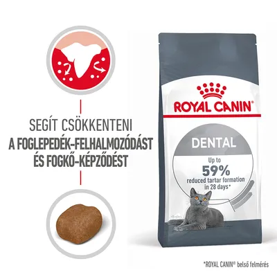 Royal Canin Dental macskaeledel csomag, felirat: segít csökkenteni a foglepedék-felhalmozódást és fogkő-képződést, up to 59% reduced tartar formation in 28 days.