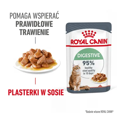 ROYAL CANIN Digestive, plasterki w sosie. Pomaga wspierać prawidłowe trawienie. 95% healthy stool quality in 10 days. Zdjęcie produktu i miski z karmą dla kota.