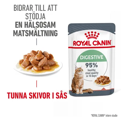 Royal Canin Digestive kattmat, tunna skivor i sås. Text: Bidrar till att stödja en hälsosam matsmältning, 95 % healthy stool quality in 10 days. Bild på produktpåse och tallrik med mat.