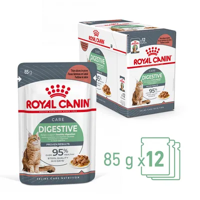 Royal Canin Care Digestive, finas láminas en salsa para gatos, pack de 12 sobres de 85 g. Texto visible: '95 % healthy stool quality in 10 days'. Imagen de un gato y comida húmeda.