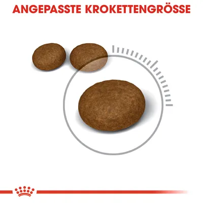 Prikaz tri okrugle smeđe granule hrane, tekst na njemačkom: ANGEPASSTE KROKETTENGRÖSSE (prilagođena veličina kroketa)