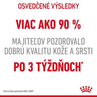 Osvedčené výsledky: viac ako 90 % majiteľov pozorovalo dobrú kvalitu kože a srsti po 3 týždňoch. Interná štúdia spoločnosti ROYAL CANIN.
