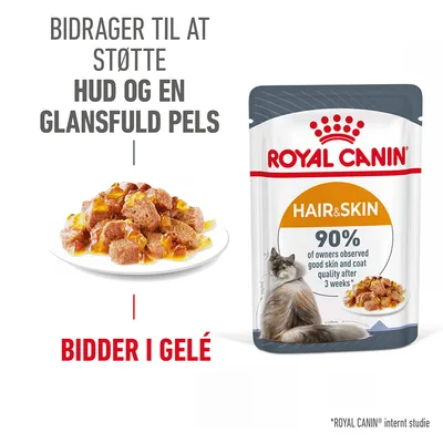 ROYAL CANIN Hair & Skin kattefoder, bidder i gelé. Tekst: Bidrager til at støtte hud og en glansfuld pels. 90% of owners observed good skin and coat quality after 3 weeks.