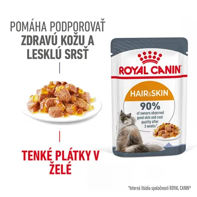 ROYAL CANIN Hair & Skin, tenké plátky v želé, pomáha podporovať zdravú kožu a lesklú srsť, 90 % majiteľov pozorovalo zlepšenie po 3 týždňoch. Balenie a miska s krmivom pre mačky.