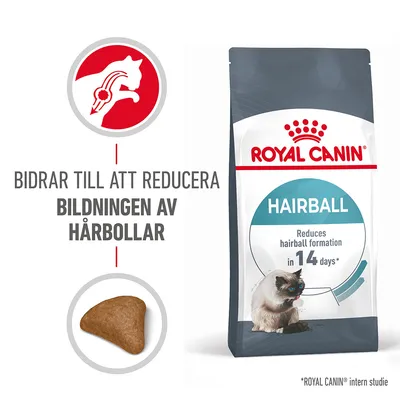 ROYAL CANIN HAIRBALL kattfoder, text: Bidrar till att reducera bildningen av hårbollar. Reduces hairball formation in 14 days*. Bild på foderbit och katt. *ROYAL CANIN intern studie.