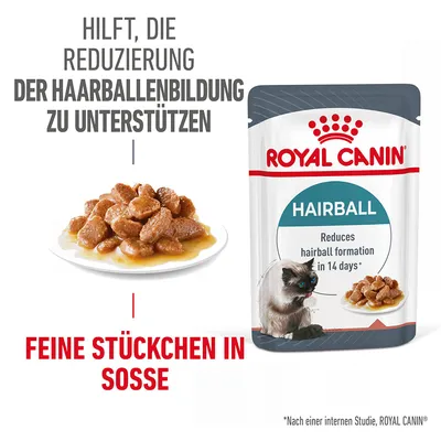 Royal Canin Hairball. Pomaga zmanjšati nastanek kep dlak. Fini koščki v omaki. Zmanjša nastanek kep dlak v 14 dneh.