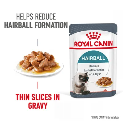ROYAL CANIN Hairball pouch, visible text: 'Helps reduce hairball formation', 'Reduces hairball formation in 14 days*', 'Thin slices in gravy'. Cat and food shown. *ROYAL CANIN internal study.