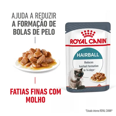 ROYAL CANIN Hairball. Ajuda a reduzir a formação de bolas de pelo. Fatias finas com molho. Reduces hairball formation in 14 days*. Imagem de comida húmida para gatos e um gato.