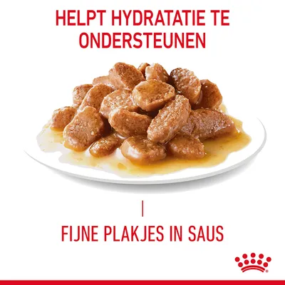 Helpt hydratatie te ondersteunen. Fijne plakjes in saus. Bord met stukjes natvoer in saus, Royal Canin merk zichtbaar.