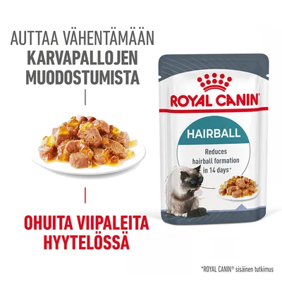Royal Canin Hairball -kissanruoka, ohuita viipaleita hyytelössä. Teksti: auttaa vähentämään karvapallojen muodostumista. Pakkauksessa englanniksi: reduces hairball formation in 14 days. Royal Canin Hairball -kissanruoka, ohuita viipaleita hyytelössä. Teksti: auttaa vähentämään karvapallojen muodostumista. Pakkauksessa englanniksi: reduces hairball formation in 14 days.