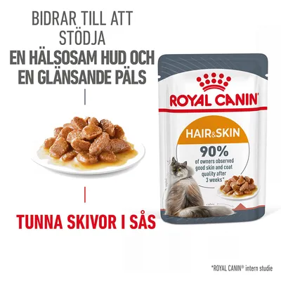 ROYAL CANIN Hair & Skin våtfoder för katt, tunna skivor i sås. Text: Bidrar till att stödja en hälsosam hud och en glänsande päls. 90 % av ägare observerade god hud- och pälskvalitet.