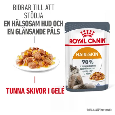 ROYAL CANIN Hair & Skin våtfoder för katt, tunna skivor i gelé. Text: Bidrar till att stödja en hälsosam hud och en glänsande päls. 90 % av ägare såg förbättring efter 3 veckor.
