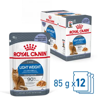 Royal Canin Light Weight Care para gatos, pack de 12 sobres de 85 g. Texto visible: 'Ayuda a limitar el aumento de peso', 'más del 90 % de los gatos logró un peso saludable en 8 semanas'.