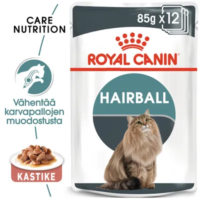 Royal Canin Hairball kissan märkäruoka kastikkeessa, 85 g x12. Vähentää karvapallojen muodostusta. Pakkauskuvassa pitkäkarvainen kissa ja annos kastikeruokaa.