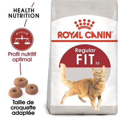 Sachet Royal Canin Regular Fit 32, croquettes visibles, texte : Health Nutrition, Profil nutritif optimal, Taille de croquette adaptée.