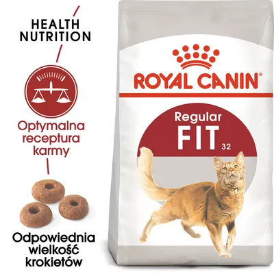 ROYAL CANIN Regular FIT 32, optymalna receptura karmy, odpowiednia wielkość krokietów, kot na opakowaniu. Health Nutrition widoczne na grafice.