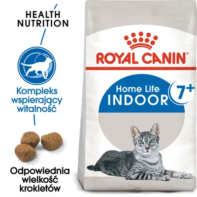 Royal Canin Home Life Indoor 7+, kompleks wspierający witalność, odpowiednia wielkość krokietów. Na opakowaniu kot i tekst Health Nutrition.