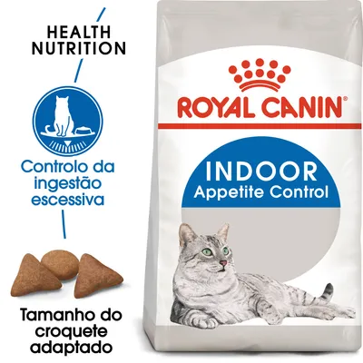 Royal Canin Indoor Appetite Control, controlo da ingestão excessiva, tamanho do croquete adaptado. Embalagem com imagem de gato e croquetes visíveis.