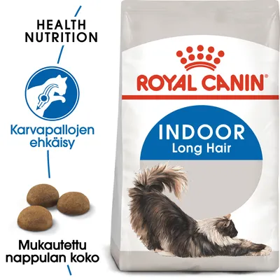 Royal Canin Indoor Long Hair -kissanruokapakkaus, tekstit: Health Nutrition, Karvapallojen ehkäisy, Mukautettu nappulan koko. Kuvassa myös pitkäkarvainen kissa ja nappuloita.