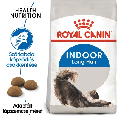 Royal Canin Indoor Long Hair macskaeledel csomag, szöveggel: Szőrlabda képződés csökkentése, Adaptált tápszemcse méret, Health Nutrition. Hosszú szőrű macska illusztrációval.