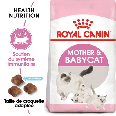 Sachet Royal Canin Mother & Babycat, texte visible : Soutien du système immunitaire, Taille de croquette adaptée, Health Nutrition, Rehydratable. Illustration chatte et chatons.