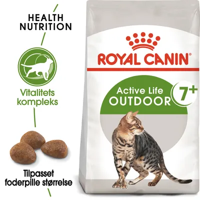ROYAL CANIN Active Life Outdoor 7+ kattefoder, tekst: Health Nutrition, Vitalitets kompleks, Tilpasset foderpille størrelse. Billede af tørfoder og kat på posen.