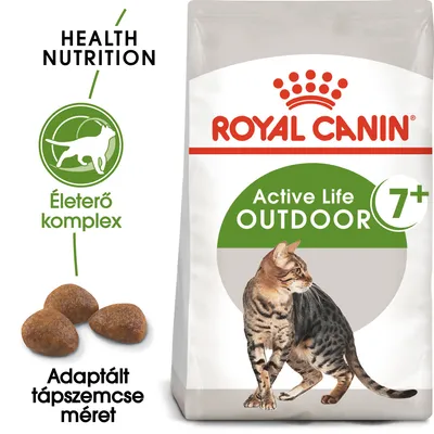 ROYAL CANIN Active Life Outdoor 7+ macskatáp csomagolás, macska képpel. Látható szöveg: Health Nutrition, Életerő komplex, Adaptált tápszemcse méret.