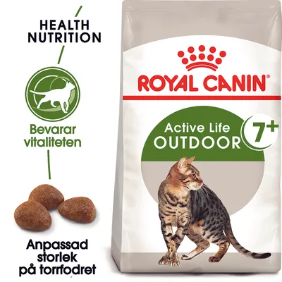 Royal Canin Active Life Outdoor 7+ kattfoder, text: Bevarar vitaliteten, Anpassad storlek på torrfodret, bild på foderbitar och katt på förpackningen.